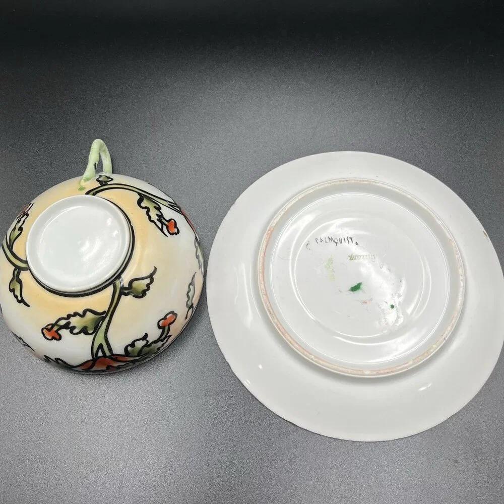 Antique Hand Painted Japan Teacup & Germany Porcelain Saucer Mismatched Art Deco